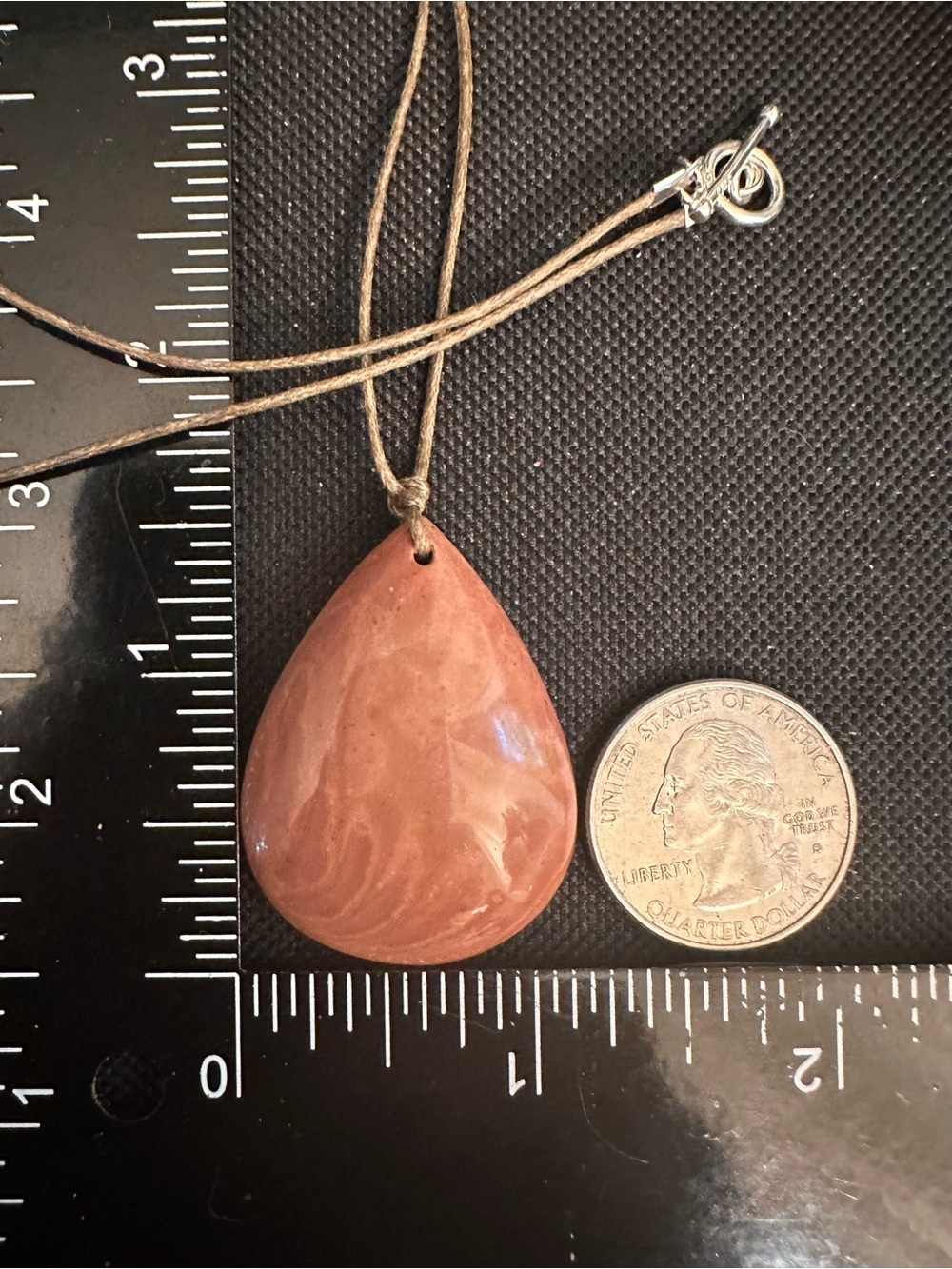 Minimalist Polychrome Jasper Teardrop Pendant Necklace on Thin Brown Rope - Picture 15 of 16